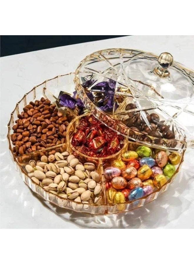 صينية تقديم الوجبات الخفيفة، صينية مقبلات بغطاء، منظّم طعام بلاستيكي دائري بستة أقسام للفواكه المجففة والمكسرات والحلويات والبسكويت والفواكه - Image 3